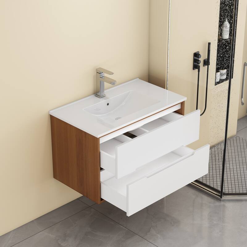 32 Inch Floating Bathroom Vanity with Sink & Double Drawers, Wall-Mounted Bathroom Vanity Base with Ceramic Basin