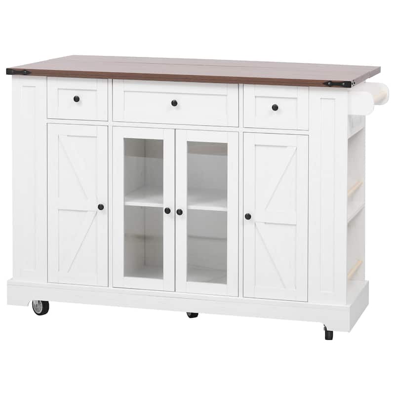 Quenie Farmhouse Kitchen Island with Drop Leaf and 3 Drawers(53-in x30-in x36-in)