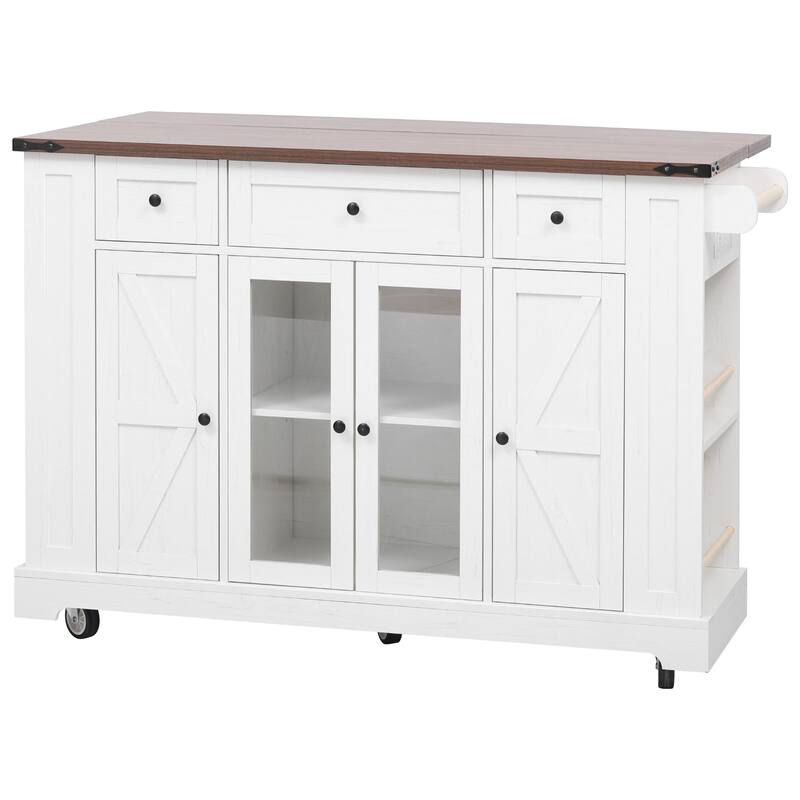 Roomfitters 53" Rolling Kitchen Island with Drop Leaf, Mobile Cart with Glass Doors, 5 Side Shelves & Power Outlets
