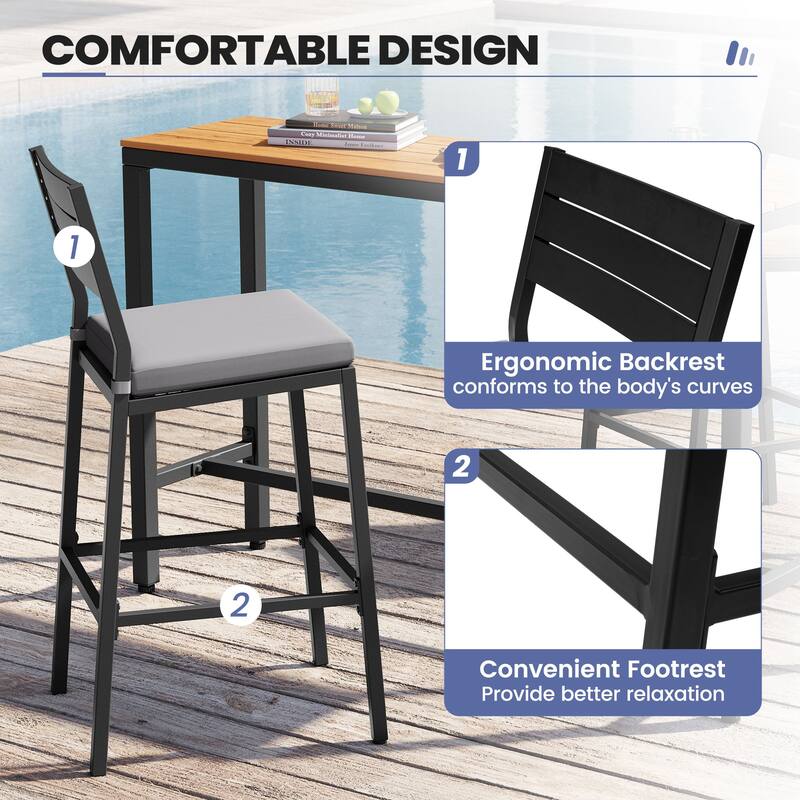Outdoor 3-Piece Patio Bar Stools Set Rectangle Bar Table and Barstools with Cushion