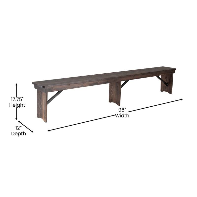 8' x 12" Antique Rustic Solid Pine Folding Farm Bench with 3 Legs