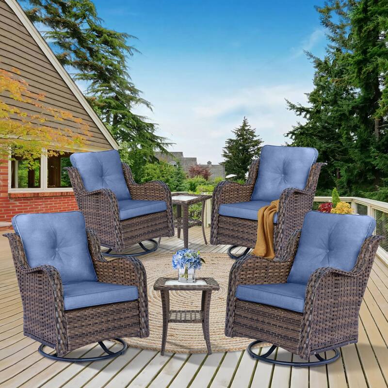 6 Piece Outdoor High Back Wicker Patio Conversation Swivel Chairs Sets - Blue-Brown Rattan