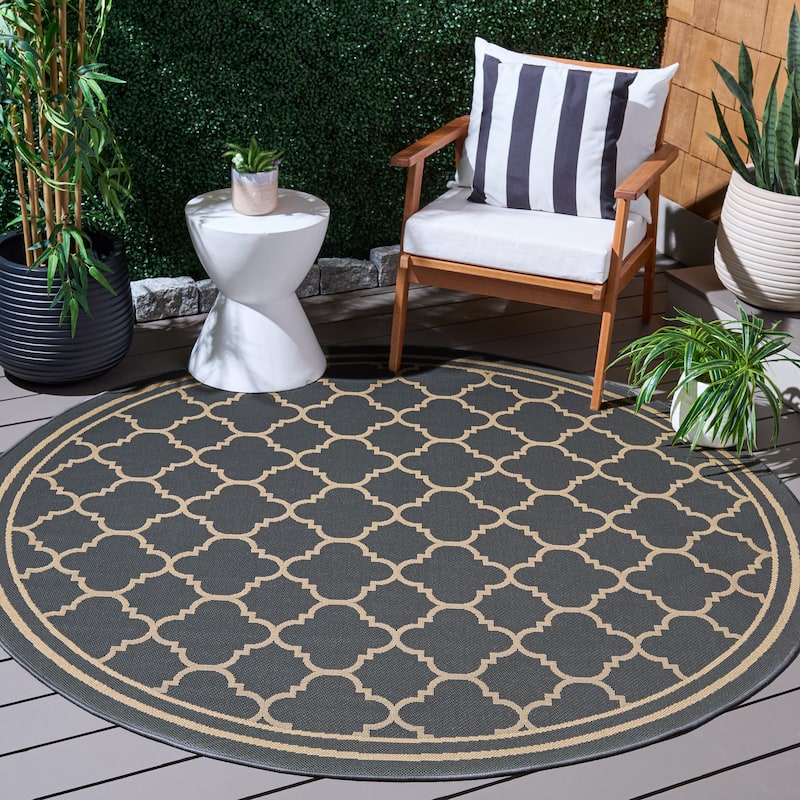SAFAVIEH Courtyard Kristelle Indoor/ Outdoor Waterproof Patio Backyard Rug - 5'3" Round - Anthracite/Beige