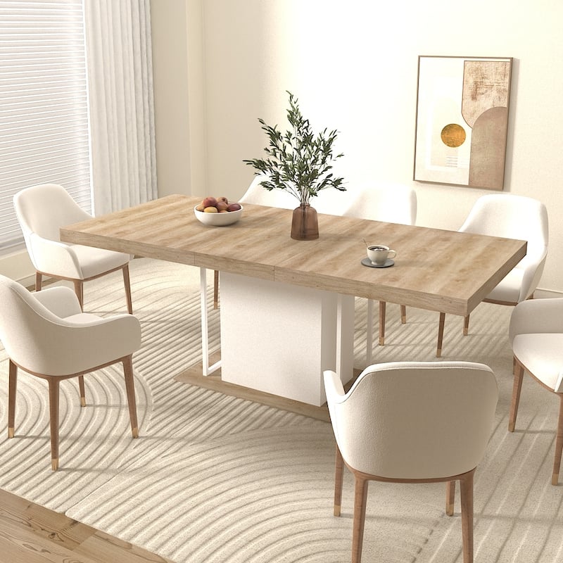 Wood Extendable Dining Table for 6-10 Person, Large Rectangle Expanding Dining Table with Black Double Pedestal Base