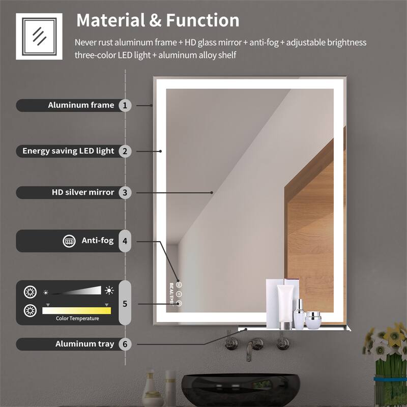 30" x 36" Smart LED Bathroom Wall Mirror with Memory,Anti-Fog Switch