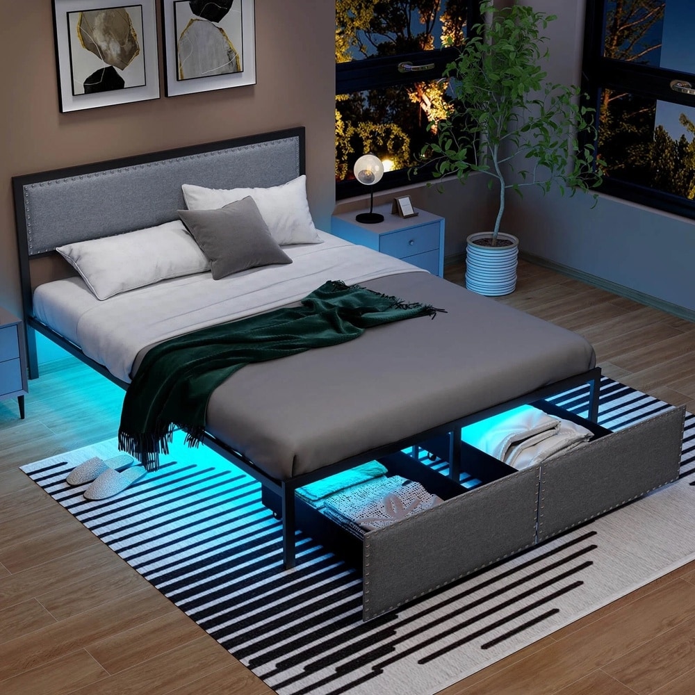 Queen Bed Frame 2 Storage Drawers LED Lights Slats Support Modern