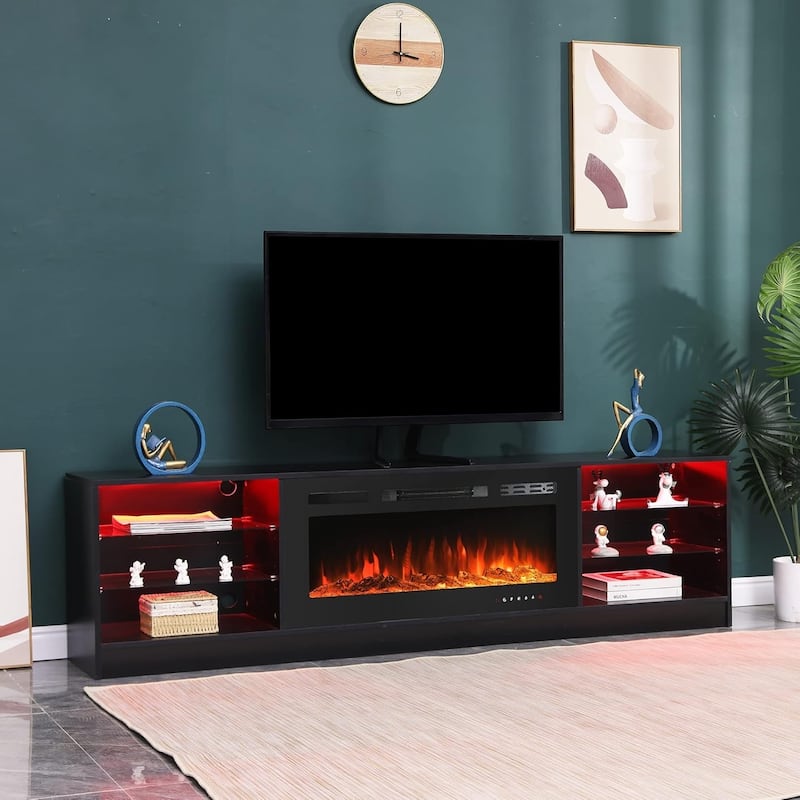 EROMMY 79" Fireplace TV Stand with 40" Electric Fireplace, Entertainment Center with Adjustable Glass Shelves
