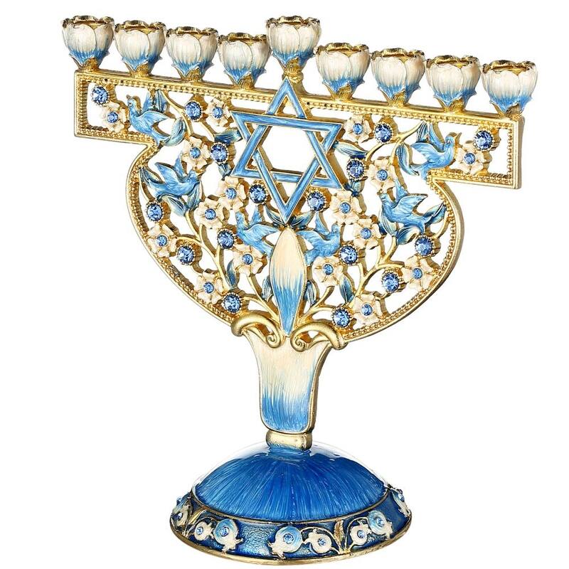 Matashi Hand Painted Enamel Menorah Candelabra w Doves & Flowers Design & Spinning Dreidel Ornaments w Crystals Jewish Decor