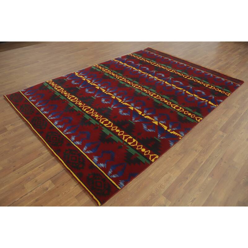 Hand-knotted Tribal Wool Red Geometric Oriental Area Rug - 8' 11'' X 6' 0''
