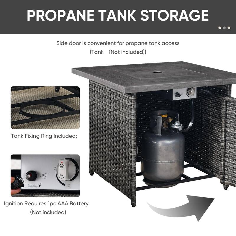 Pocassy Outdoor Propane Fire Table with Sofa Swivel Chair Table Funiture Set.