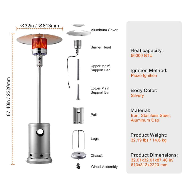 Silver Stainless Steel Propane Patio Heater with Wheels and Glass Flame Perfect for Gatherings of 6-8 People - 32.01x32.01x87.40