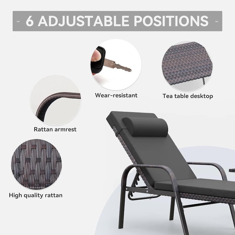 3-Piece Outdoor Wicker Chaise Lounge with Armrests and Cushions
