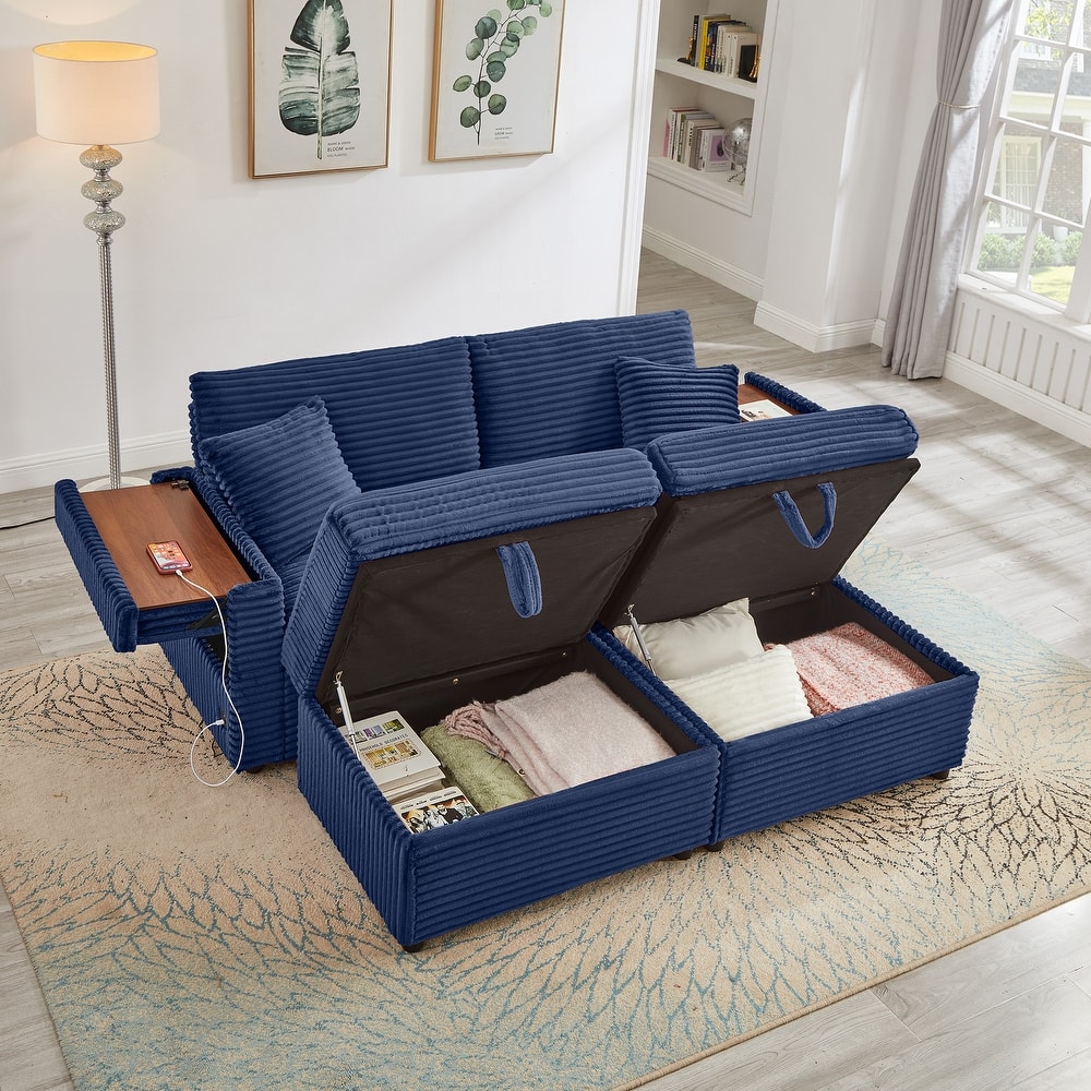 Modular Chaise Sleeper Sofa Bed, Corduroy Loveseat Couch & Storage Ottomans Set with Folding Table Boards and USB Ports
