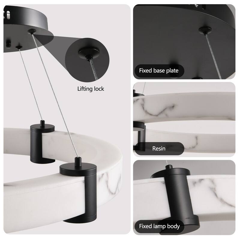 Modern LED Pendant Light, 23.6-Inch Round Hanging Chandelier with Adjustable Height, Imitation Marble Finish Resin Ring