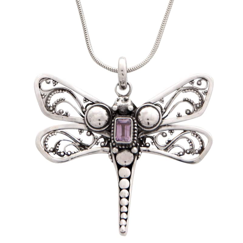 Handmade Amethyst Pendant Necklace, 'Lavender Dragonfly' (Indonesia) - 7'6" x 9'6"