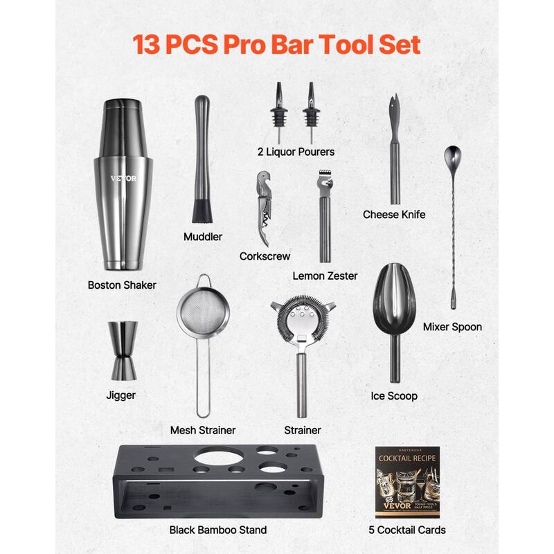 13-Piece Bartender Kit Stainless Steel Cocktail Shaker Set Gunmetal - 12.01 x 4.53 x 11.22 in