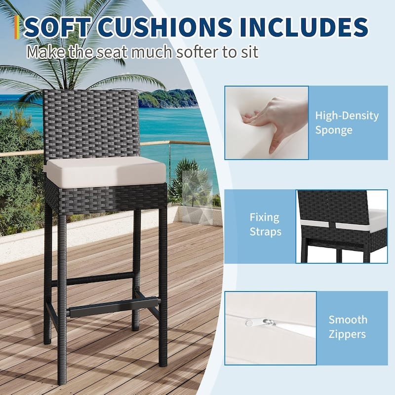 Patio Rattan Bar Stool with Cushions for Indoor Outdoor