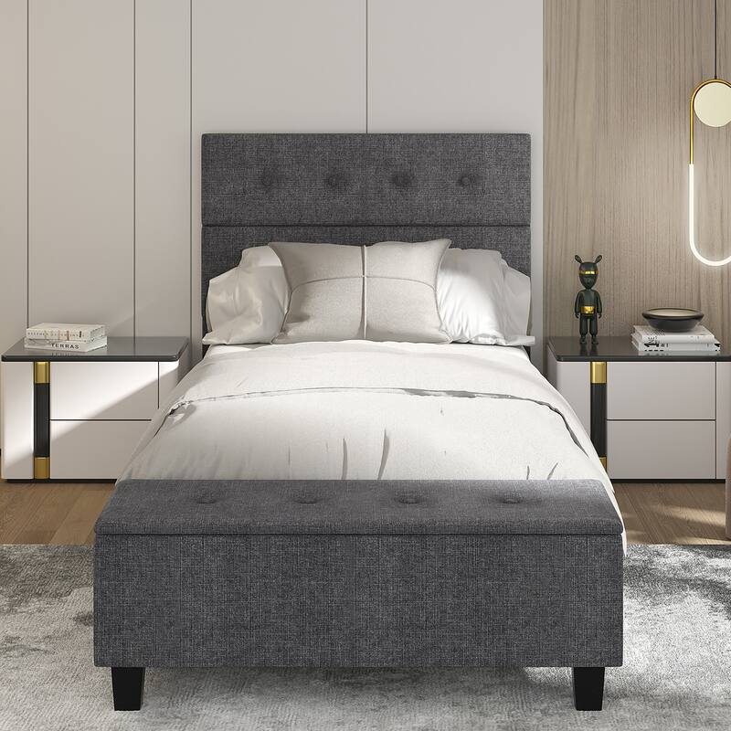 Costway Full Upholstered Bed Frame with Ottoman Storage Linen Button