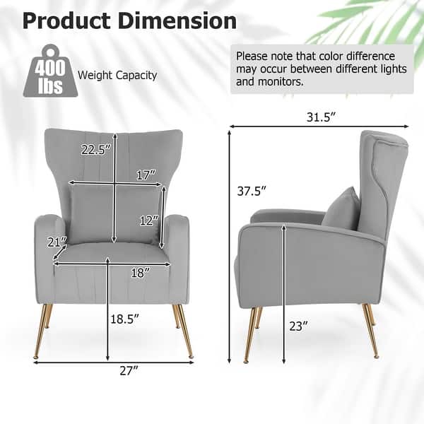 dimension image slide 3 of 4, Costway Velvet Upholstered Wingback Chair with Lumbar Pillow & Golden - See Details