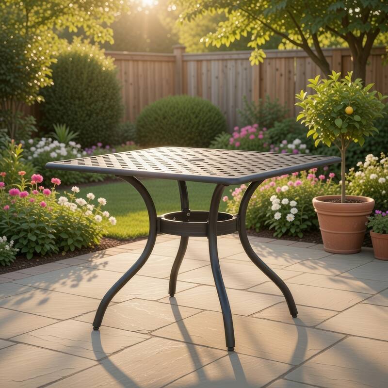 Cay Outdoor Dining Table, 40 Inch Square Top, Black Lattice Metal Design