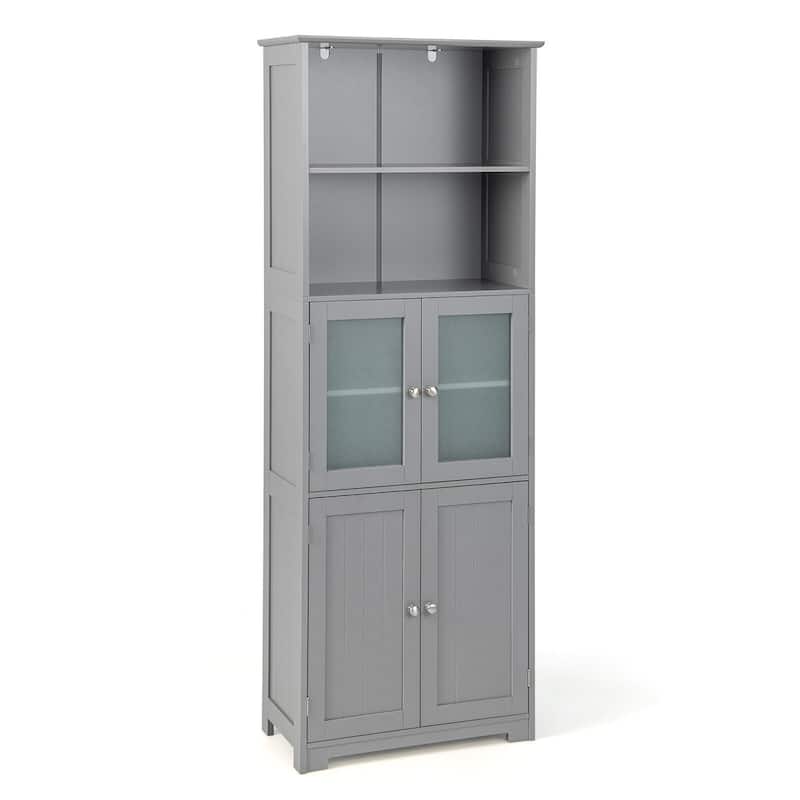 Gymax Bathroom Tall Storage Cabinet Linen Tower w/ Glass Door & - Grey
