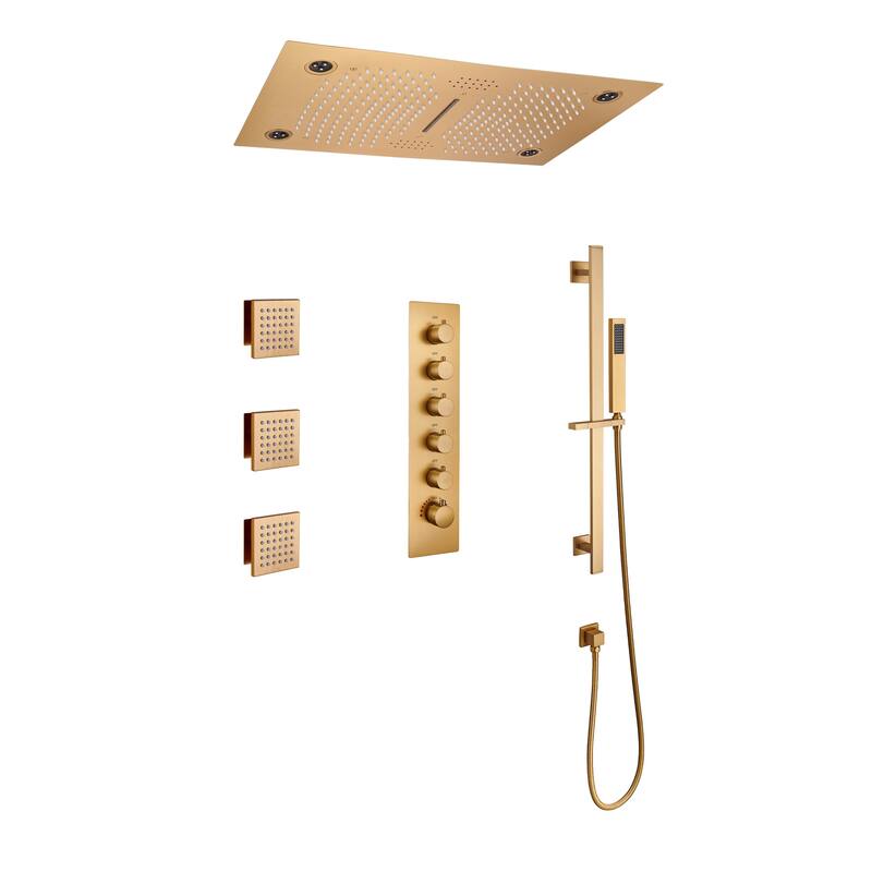 Luxury 5-Spray Patterns 28 in. Ceiling Mount Shower System with Handheld Shower Head, 3 Body Jets, LED, and Music - 16" x 28"