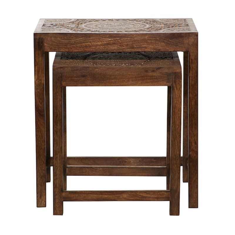 Mango Wood Floral Handmade Intricately Carved Accent Table with Carved Tabletops - Set of 2 Brown or White - Roche River Decor