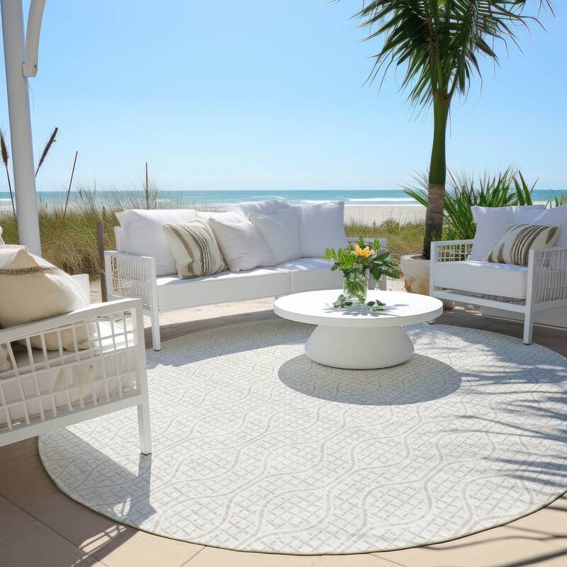 Machine Washable Indoor/ Outdoor Chantille Criss Cross Geo Rug - Ivory - 8' x 8'
