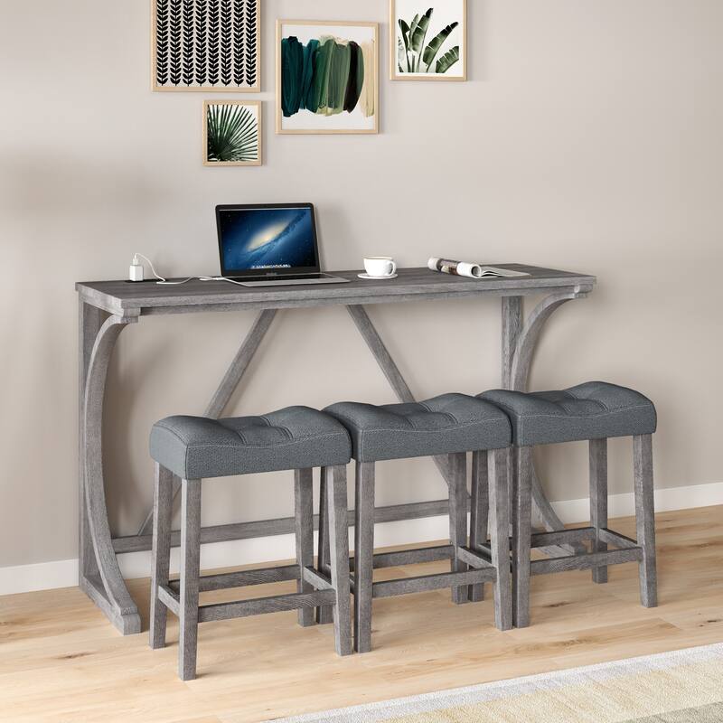 Bar Table Set with Power Outlet, Bar Table and Chairs Set, 4 Piece Dining Table Set