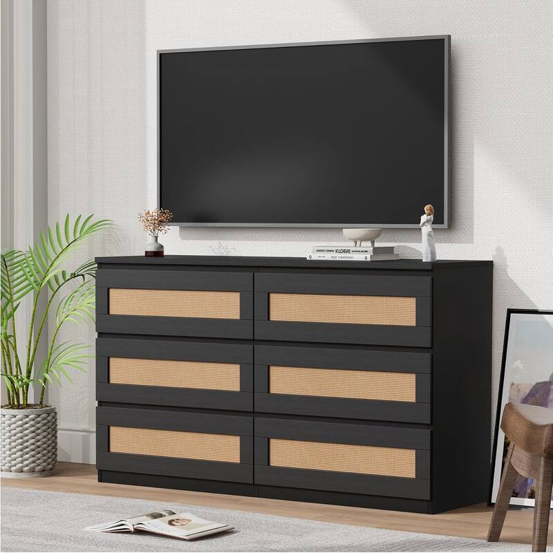 Rattan Dresser for Bedroom, 6 Drawer Double Dresser, Modern Wood Chest of Drawers - Black - 6-drawer