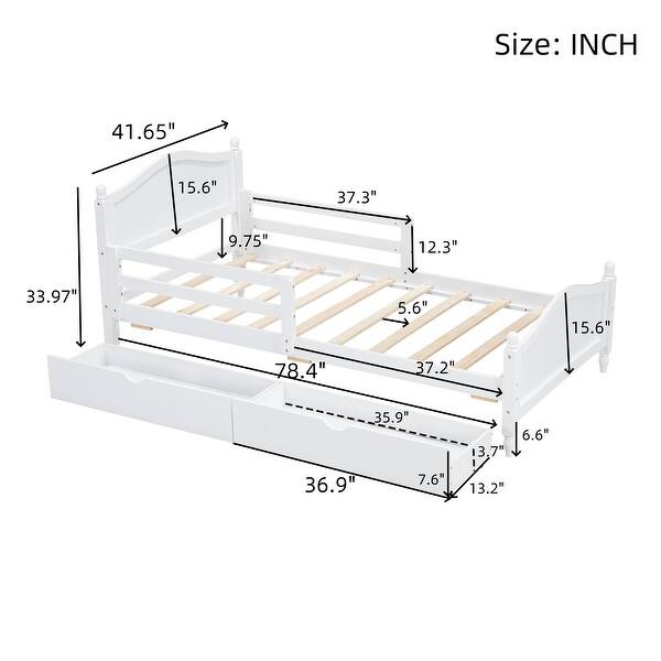 dimension image slide 1 of 4, Kids Platform Bed with Saddle-shape Headboard and Footboard, 2 Drawers Underneath, 10 Pc Slats Support, No Box Spring Needed