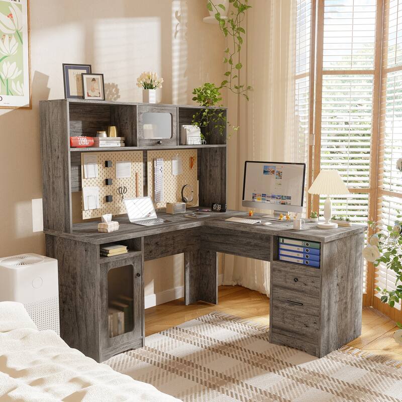 L-shaped Executive Desk Office Computer Table with Top Hutch and Charging Station - Grey Oak
