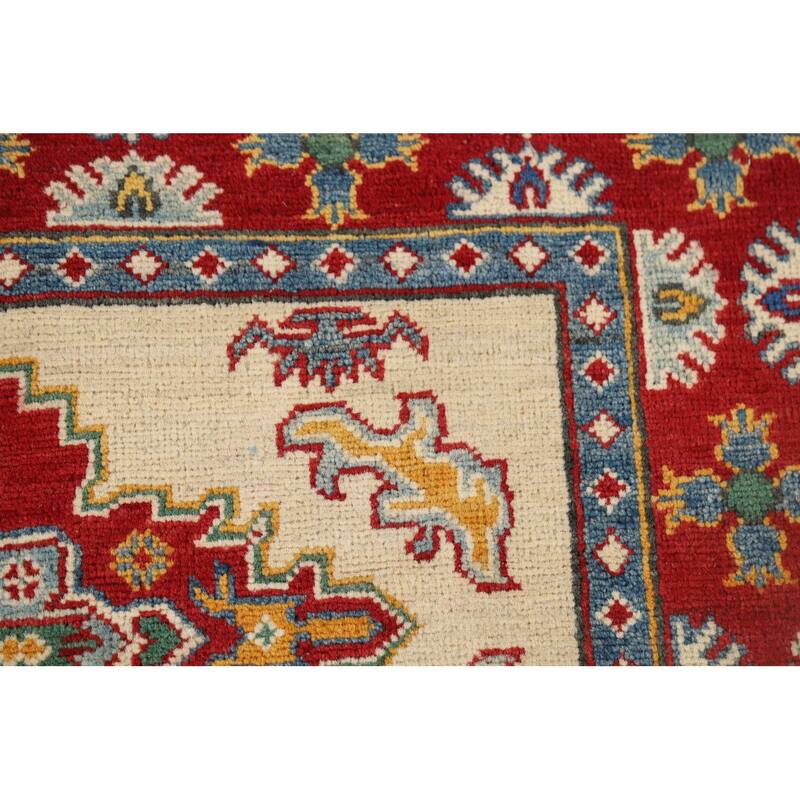 Ivory Geometric Kazak Oriental Accent Rug Handmade Wool Carpet - 3'7" x 5'2"