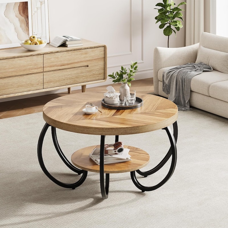 30 Inch 2 Tier Rustic Coffee Table with Storage Shelf for Small Spaces Apartments Office - N/A - Natural