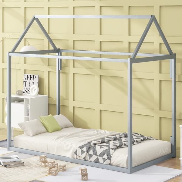 slide 2 of 9, Twin Metal House Shape Platform Kids Bed Frame, Sturdy Construction, Easy to Assemble, Modern Design for Bedroom, Silver