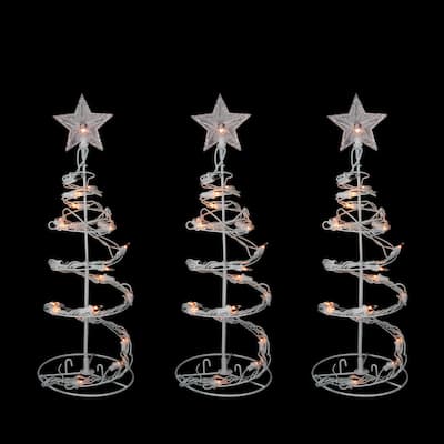Set of 3 White Clear Lighted Spiral Cone Walkway Christmas Trees Outdoor Decor 18"