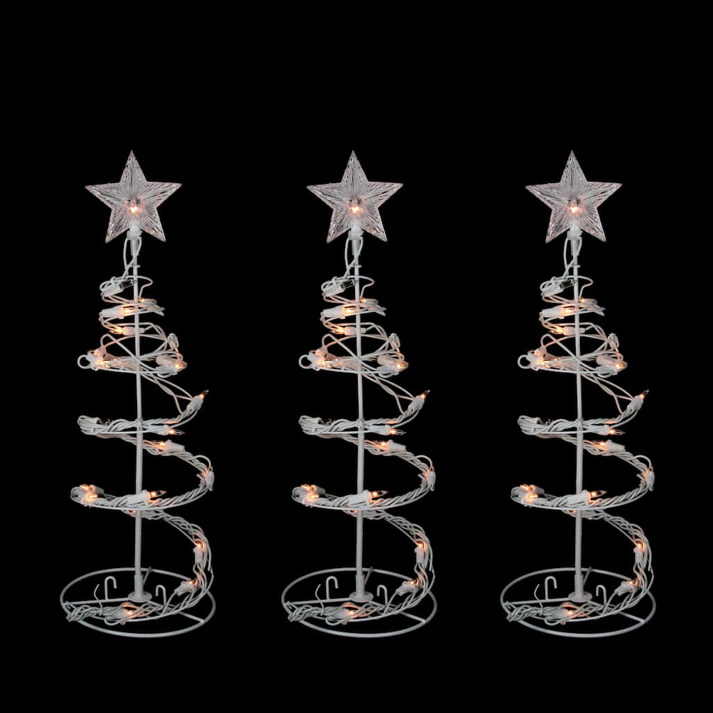 Set of 3 White Clear Lighted Spiral Cone Walkway Christmas Trees Outdoor Decor 18"