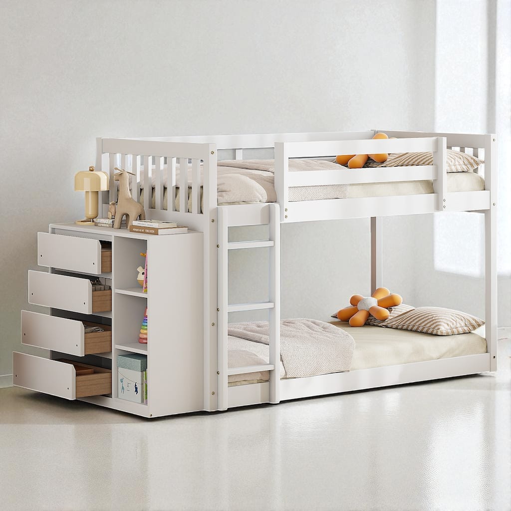 Twin over Twin or Full over Full Bunk Bed with Storage Drawers, Shelves, and Reversible Ladder