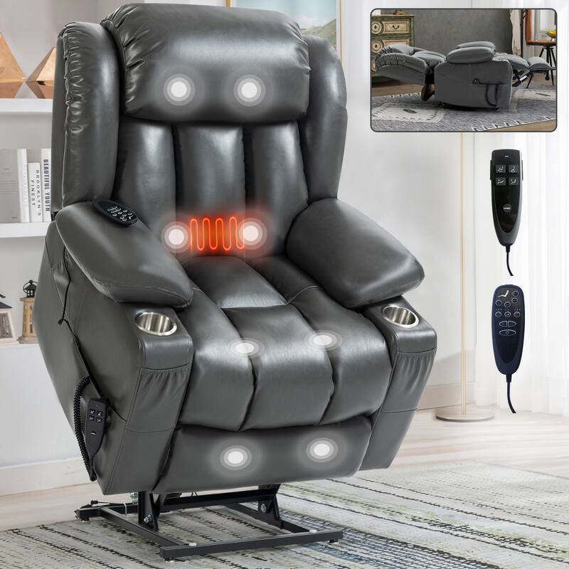 Roomfitters Dual Motor Power Lift Recliner Chair with 180 Degree Flat Recline Heat Massage Sofa with Cup Holders, Grey