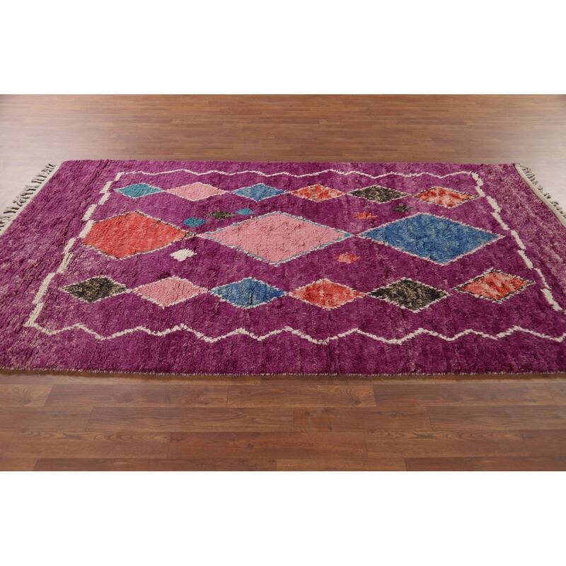 Hand Knotted Oriental 100% Wool Carpet Modern Geometric Purples Moroccan Area Rug - 8' 6'' X 4' 11''