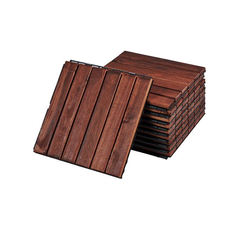 10 PCS Interlocking Deck Tiles Striped Pattern, 12" x 12" Square Acacia Hardwood Outdoor Flooring for Patio,Bancony,Pool Side