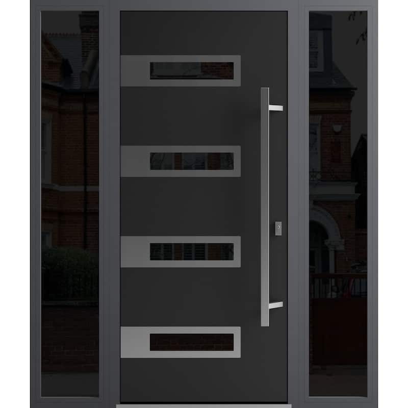 Front Exterior Prehung Steel Door Ronex 0131 Black Enamel Stainless Inserts Entry Metal Painted W36xH80 Left hand Inswing - Black - 60" x 80"