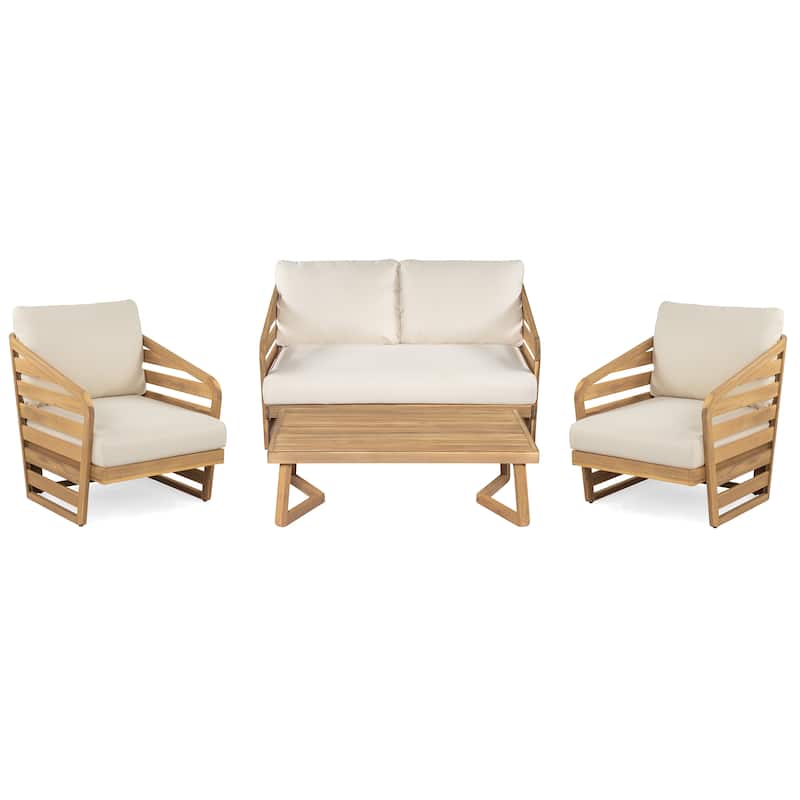 Roomfitters Outdoor Acacia Wood 4-Piece Patio Chat Set with Cushions, Beige - Teak+ Beige