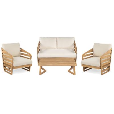 Roomfitters Outdoor Acacia Wood 4-Piece Patio Chat Set with Cushions, Beige