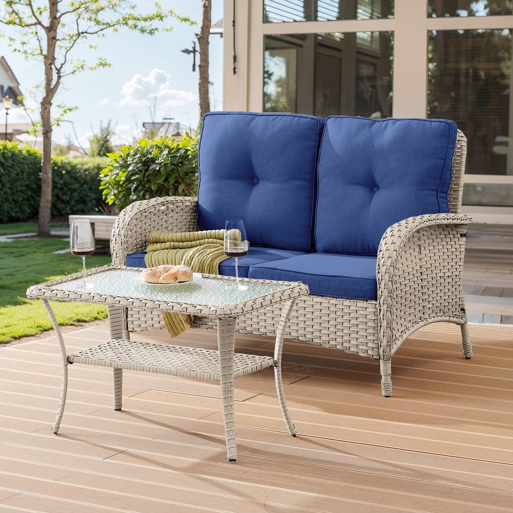 Patio Wicker Love-seat and Coffee Table Set - Light Beige