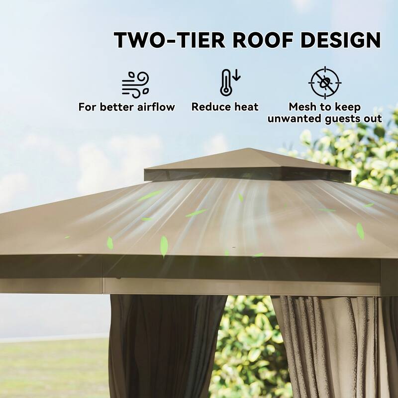 Outsunny 10' x 12' Outdoor Patio Gazebo, Soft Top Gazebo Canopy Shelter with Double Roof, Curtains, Netting, Steel Frame