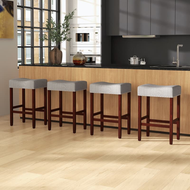 Set of 2 Backless Saddle Bar Stools with Linen Cushions and Rubber Wood Legs for Counter - 17" x 13" x 24" (L x W x H)