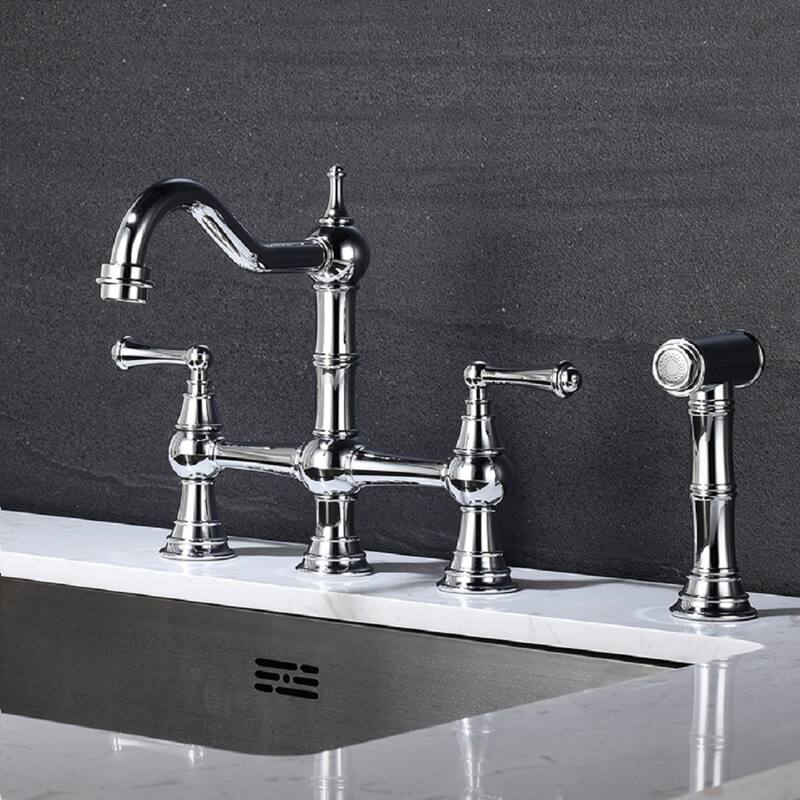Chrome Two Handle Bridge Kitchen Faucet with Pull-Out Side Spray