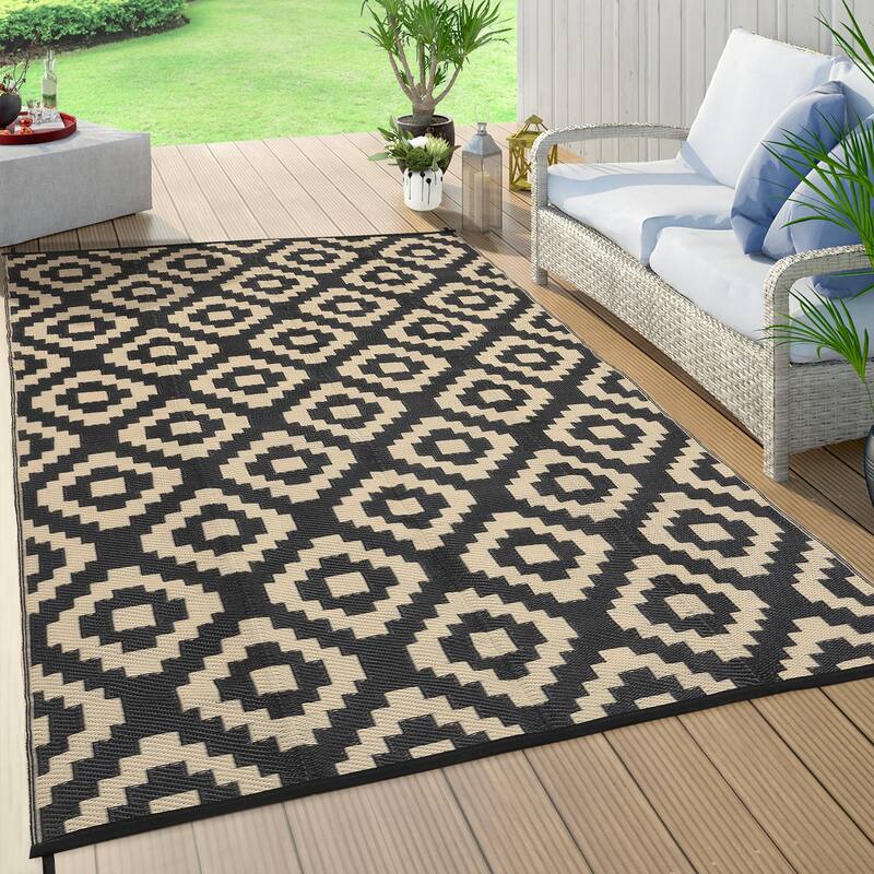Outdoor Rug Waterproof Plastic Straw Rug Reversible Rug for Patios Decks Porch Camper Balcony Backyard - 9'x18' - Black Coffee
