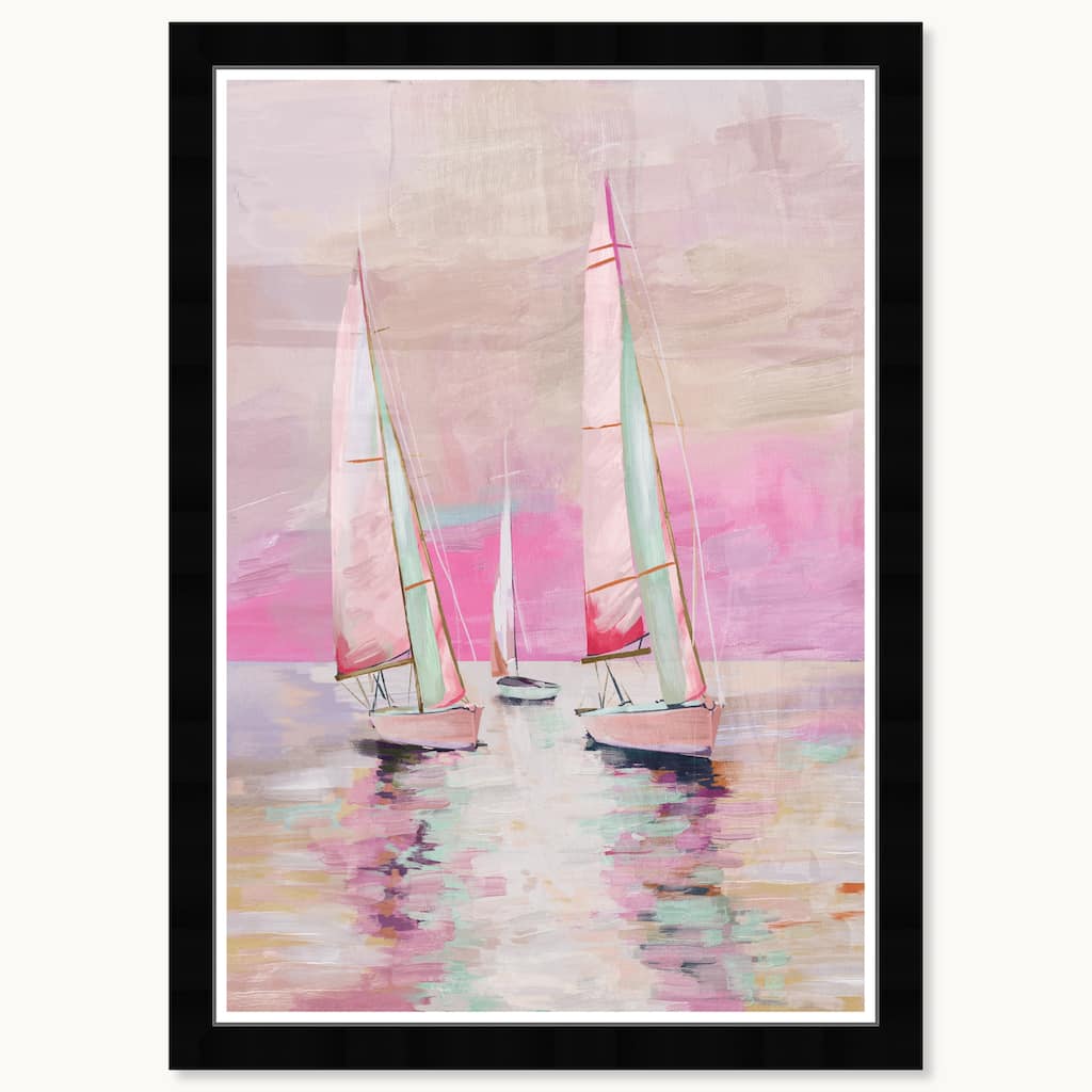 Wynwood Studio Pink Coastal Sailing Framed Beachfront Coastal Prints
